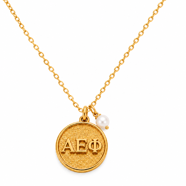 double sided coin with pearl drop on cable chain - aephi