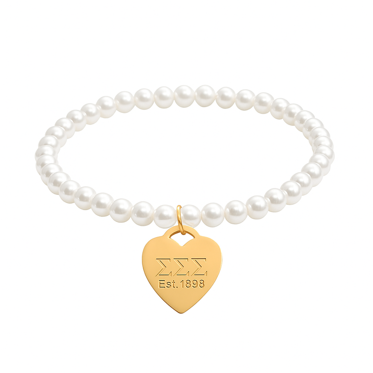 Tri Sigma Pearl Stretch Bracelet with Heart Tag (Gold or Sterling Silver)