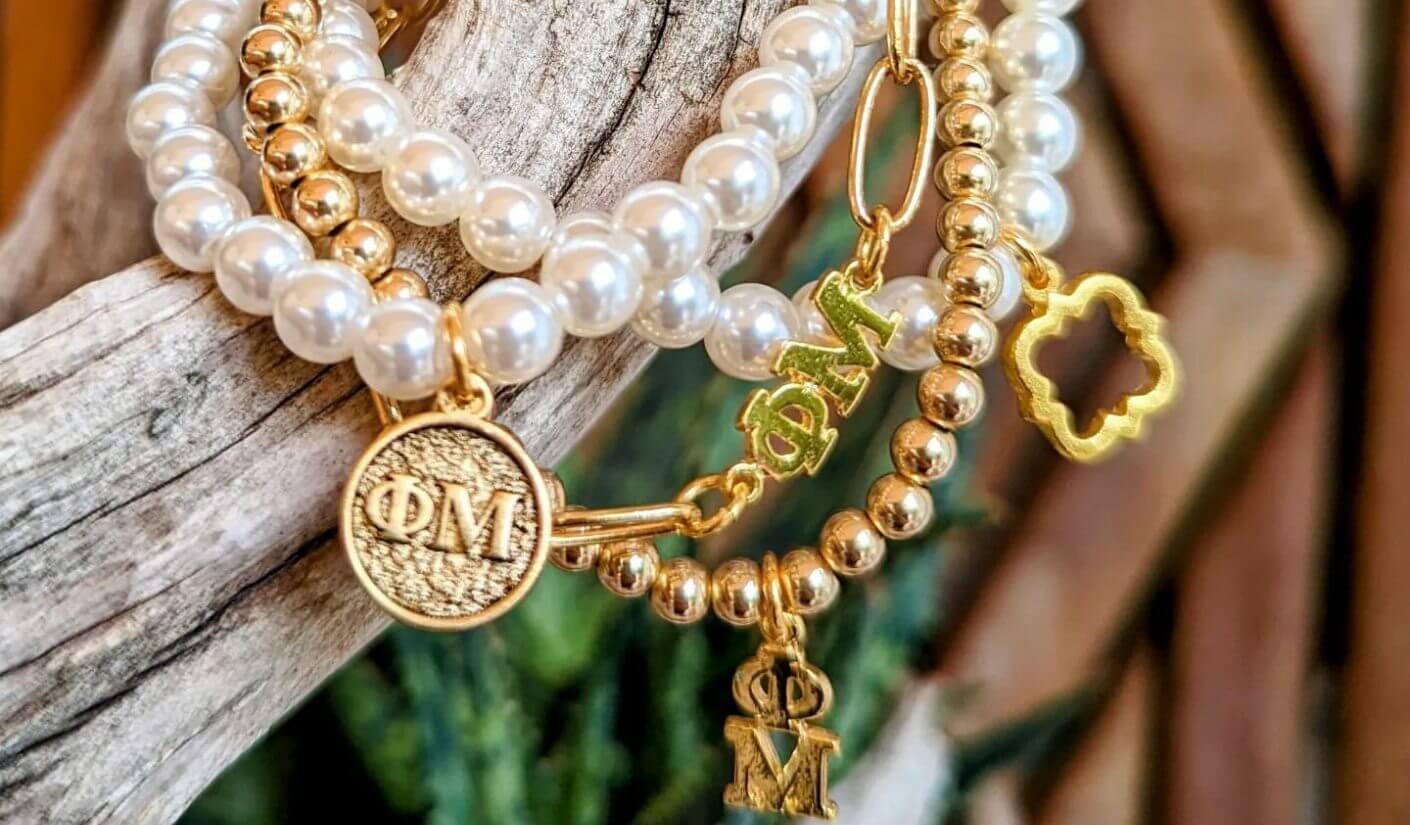 Gold Monogram Charm Bracelet with Pearl