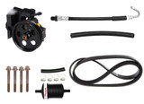 Zetec power steering kit contents: pump with reservoir, pressure hose, return hoses, mounting bolts, clamps, magnetic filter and serpentine belt