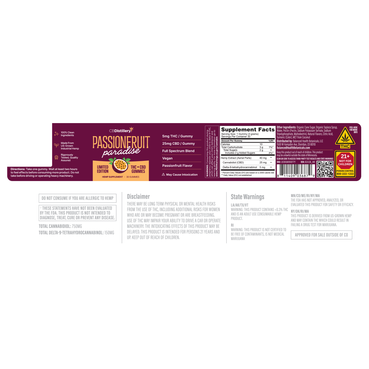 Passionfruit Paradise 5mg THC + 25mg CBD Gummies label