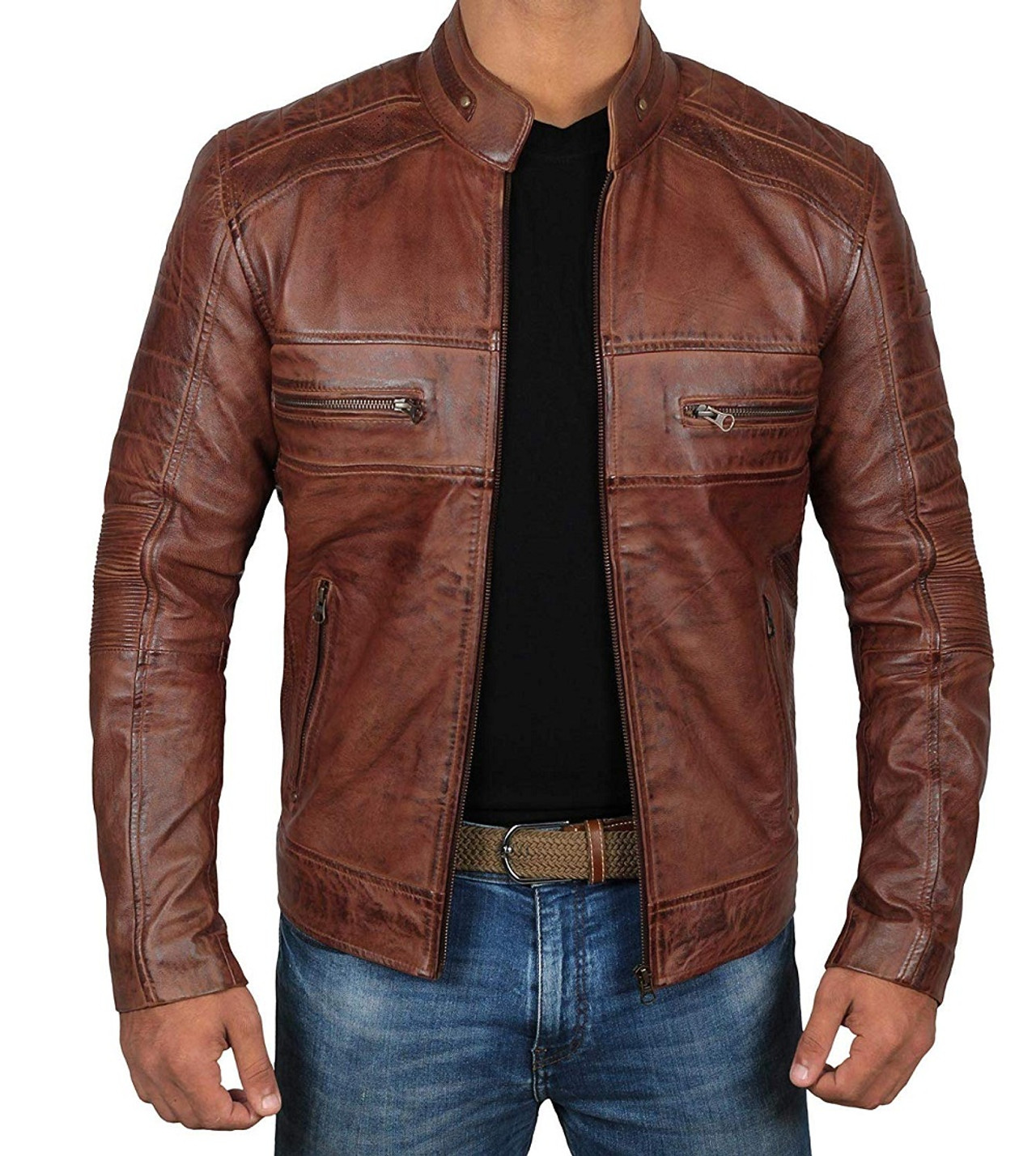 Cafe Racer Brown Waxed Vintage Genuine Leather Jacket | Feather Skin