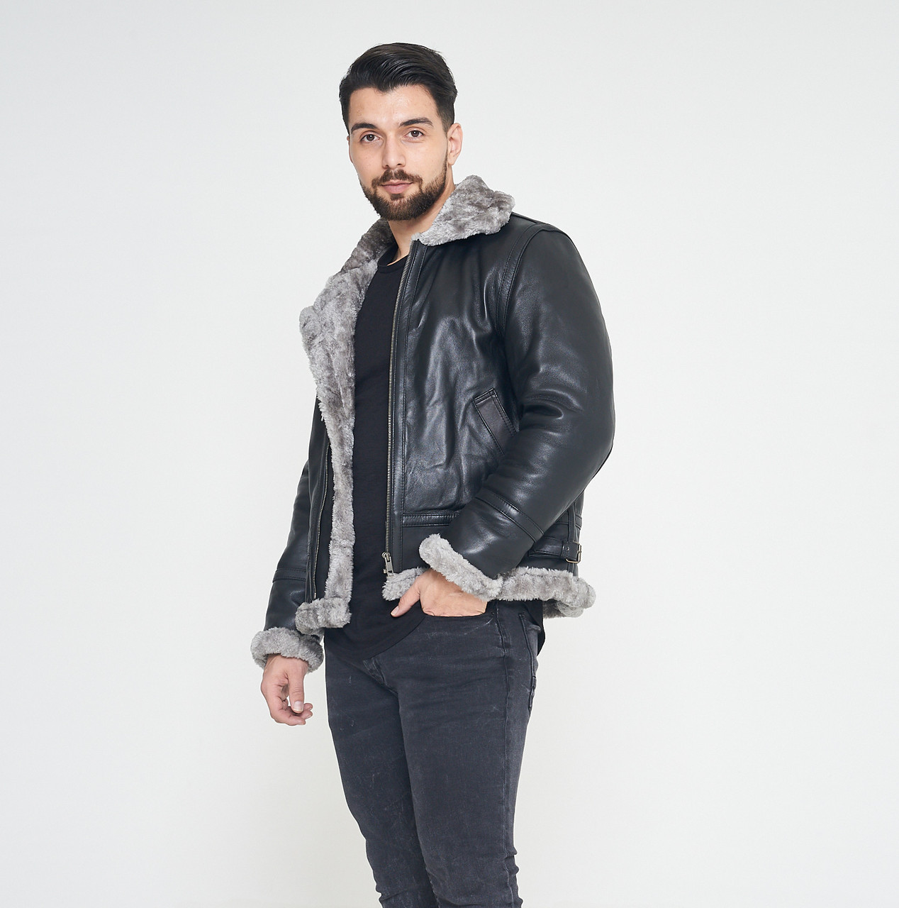 Aviator Black RAF B-3 Shearling Dark Grey Fur Leather Jacket
