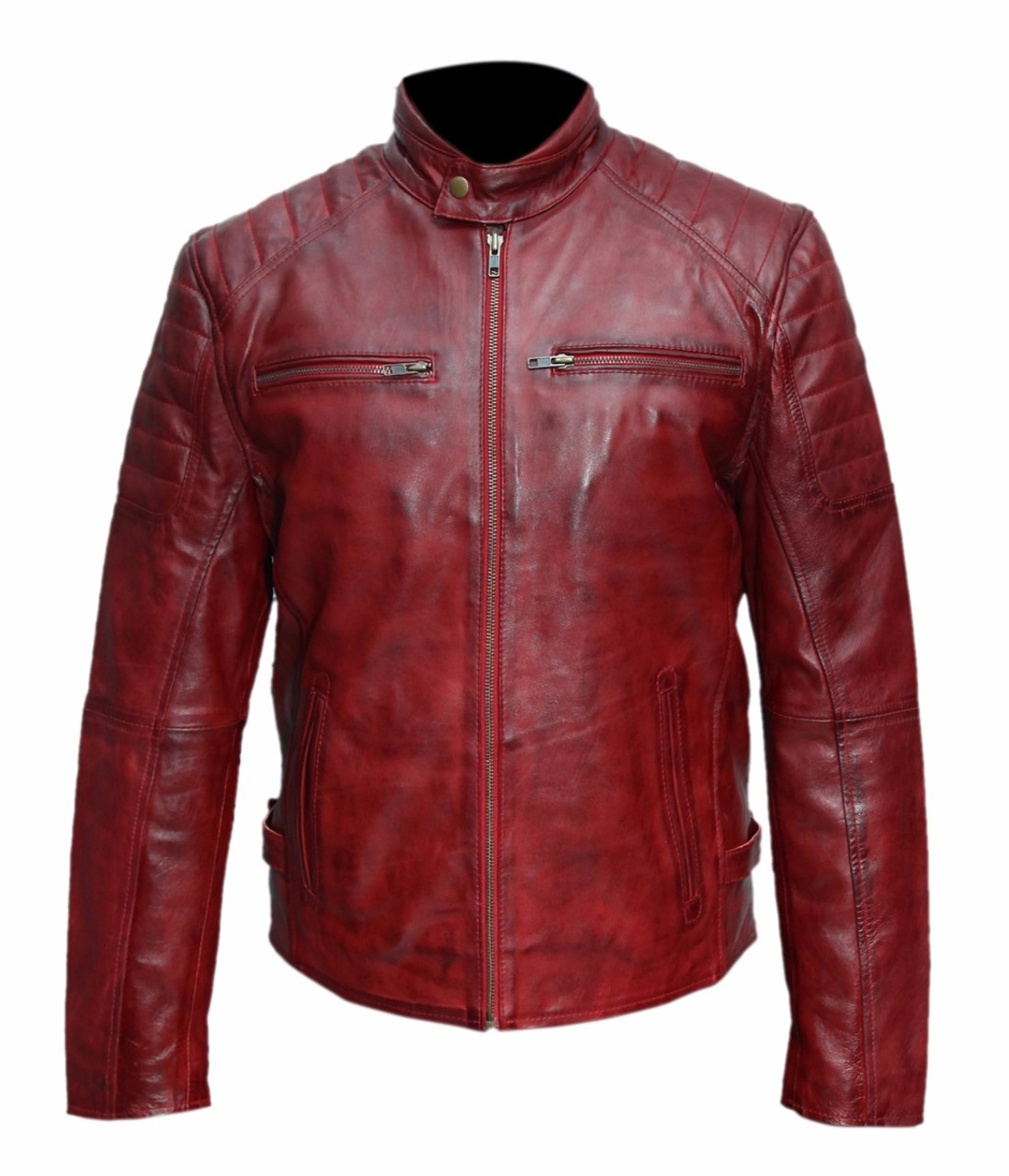 Men's Burgundy Waxed Genuine Leather Biker Jacket