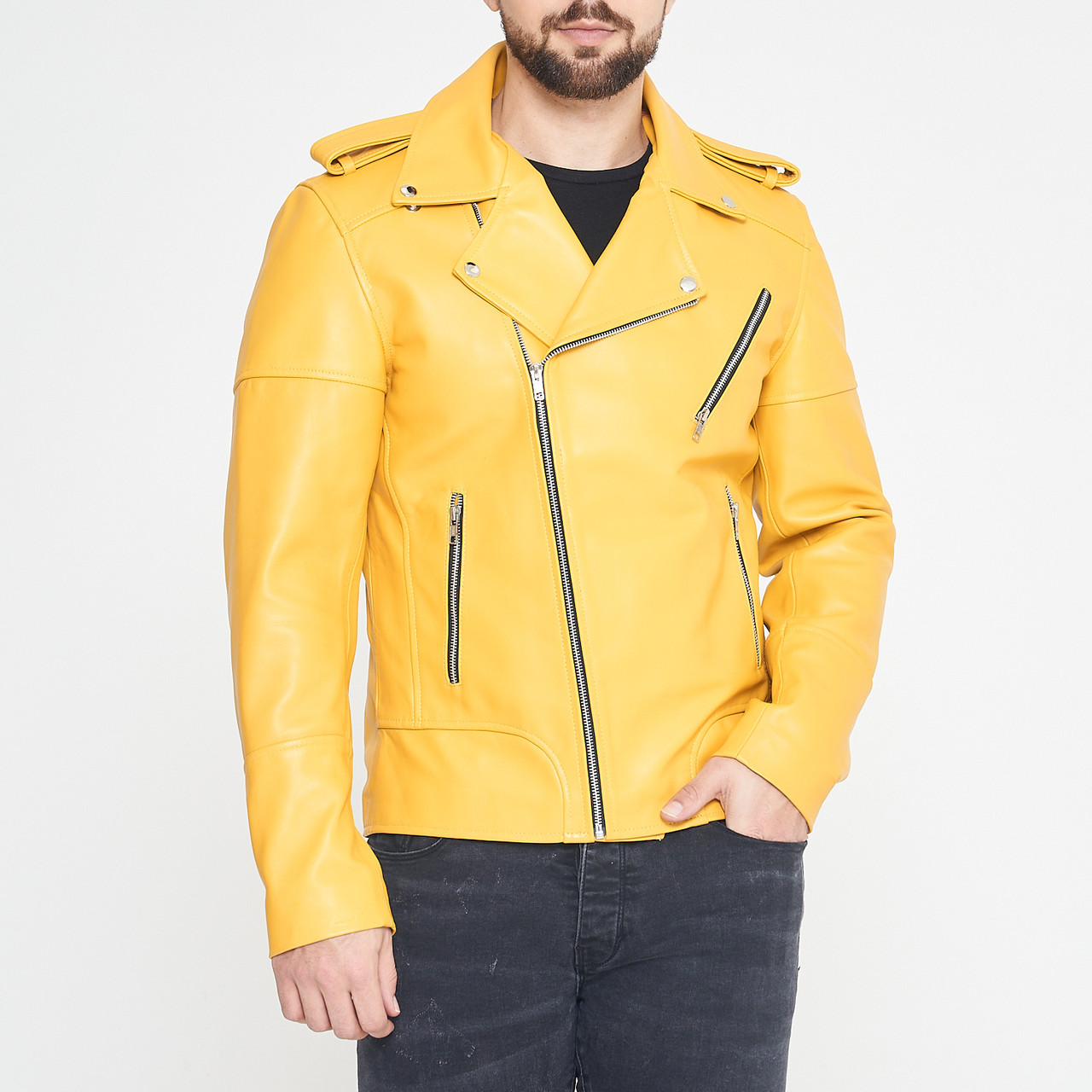 Mustard Yellow Bomber Jacket Yellow Leather Jacket Men Men's Biker