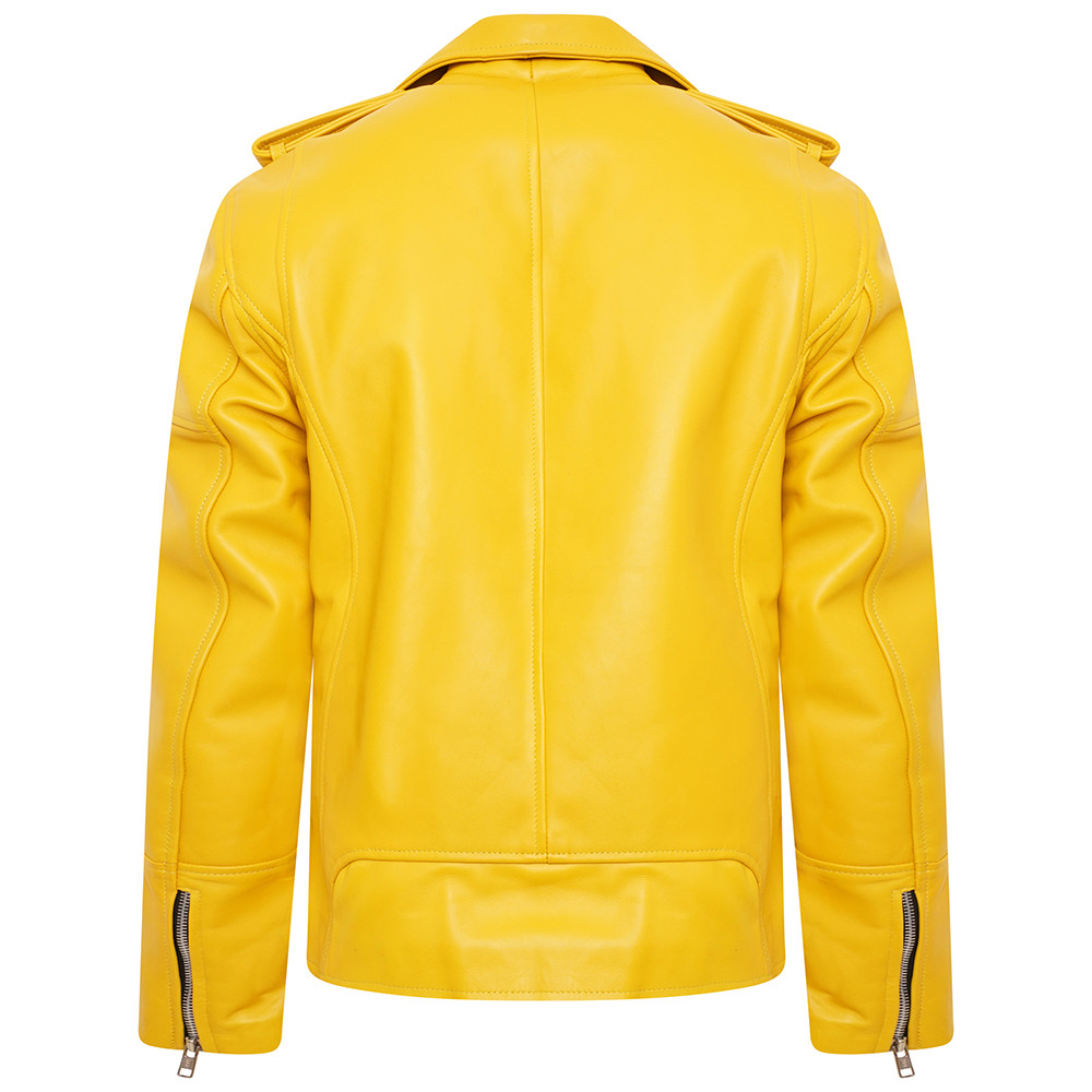 Men's Biker Style Yellow Leather Jacket Feather Skin