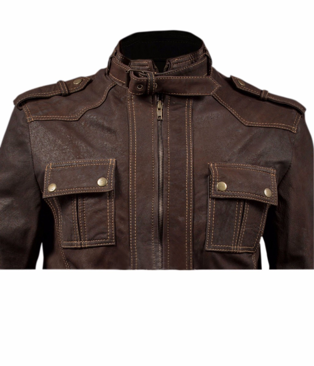 Slim Fit Stone Wash Brown Leather Jacket with Strap Collar | Feather Skin