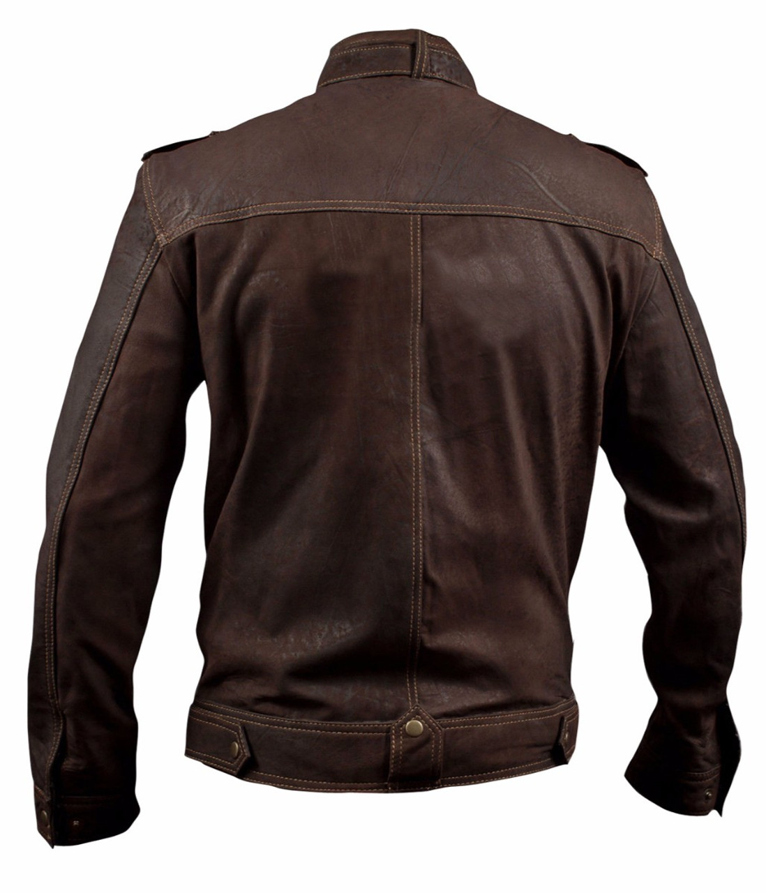 Slim Fit Stone Wash Brown Leather Jacket with Strap Collar | Feather Skin
