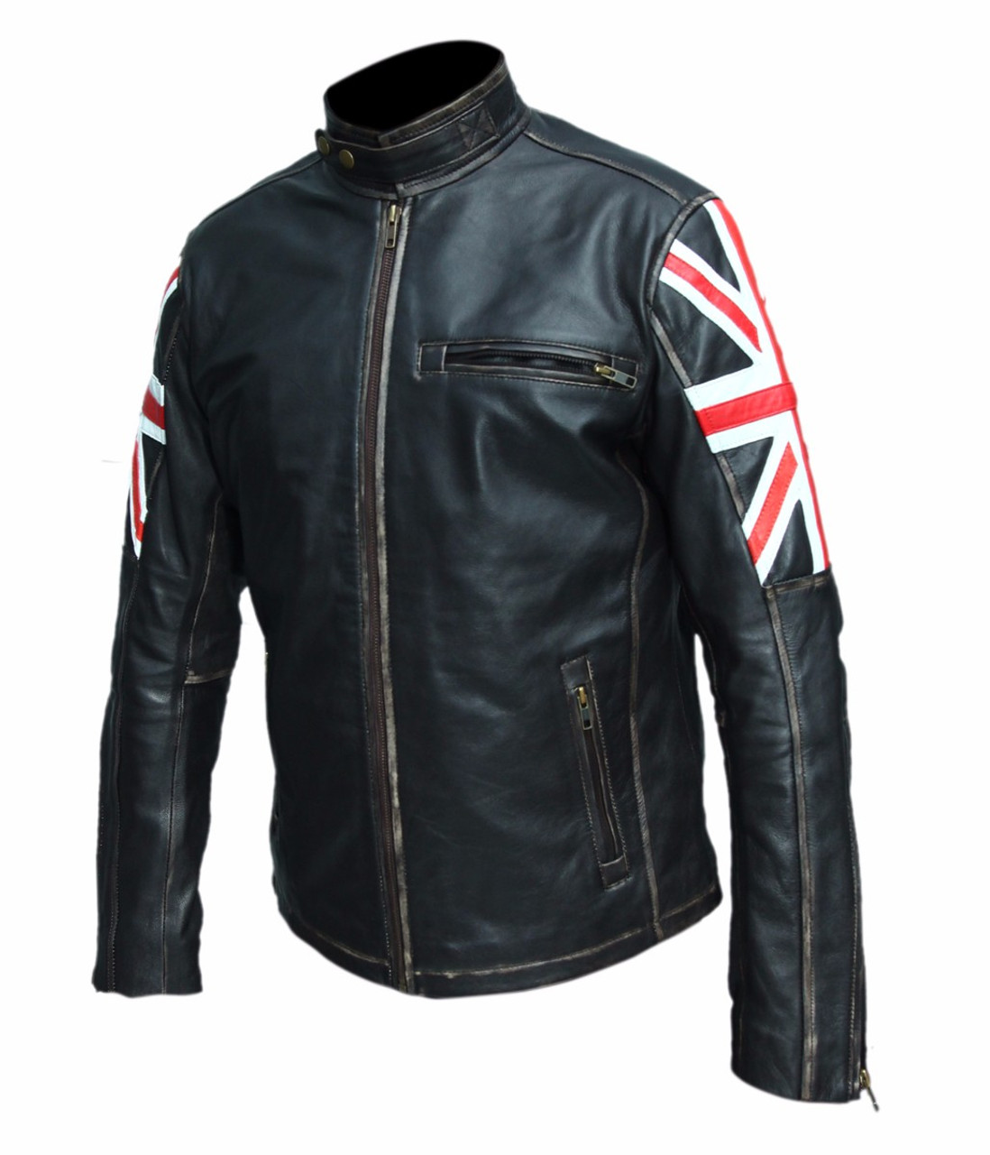 UK Flag Biker Vintage Style Cafe Racer Leather Jacket | Feather Skin