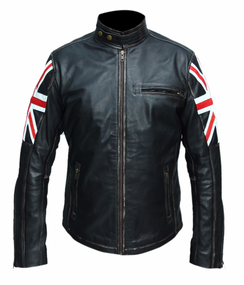 UK Flag Biker Vintage Style Cafe Racer Leather Jacket Feather Skin