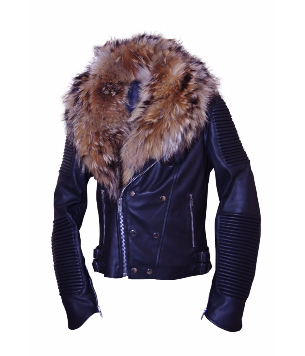 leather jacket with fox fur