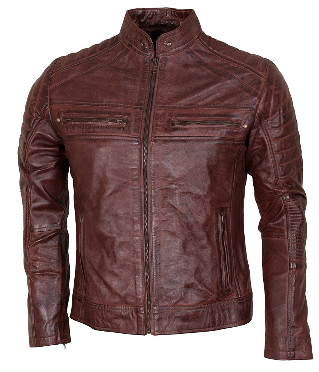Cafe Racer Brown Waxed Vintage Look Biker Leather Jacket | Feather Skin