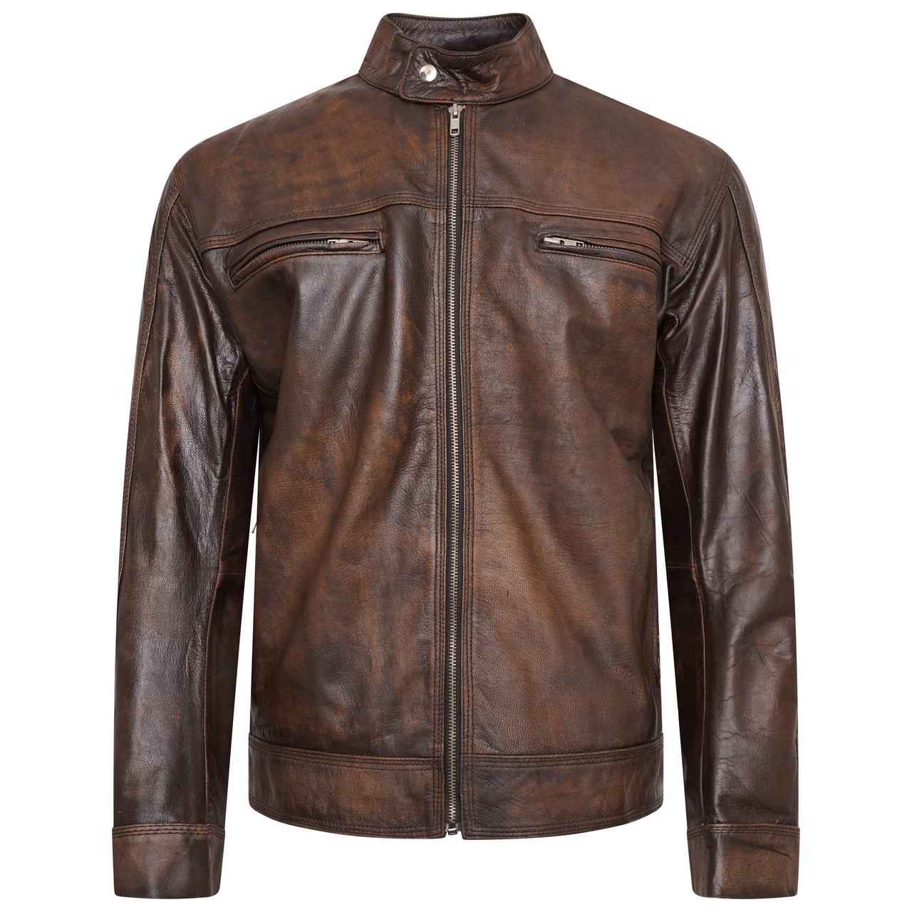 Chaqueta De Cuero Marrón A Rayas Retro Para Hombre, Estilo Cafe Racer Con Cuello Alto, Marrón