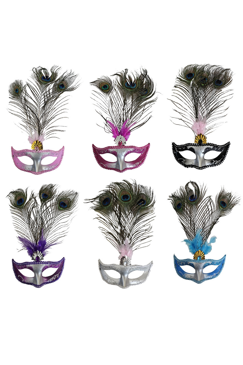 Assorted Masquerade Masks with Peacock Feather | Feather Skin