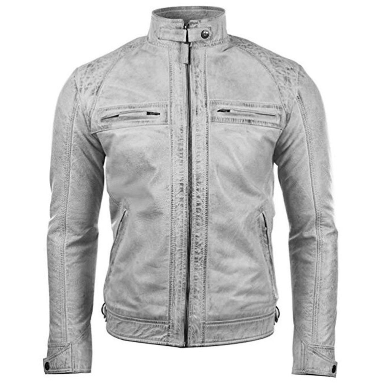 Men's Cafe Racer Motorcycle Vintage White Distressed Genuine Leather ...