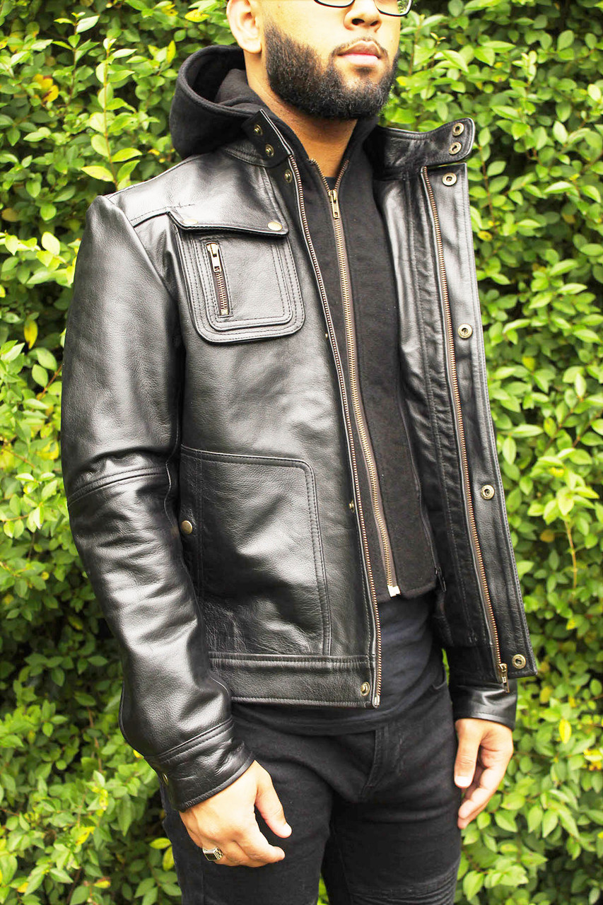 Brando Style Motorbike Genuine Leather Jacket Hoodie with Skull