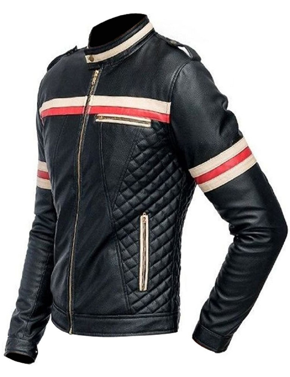 leather jacket with red stripe