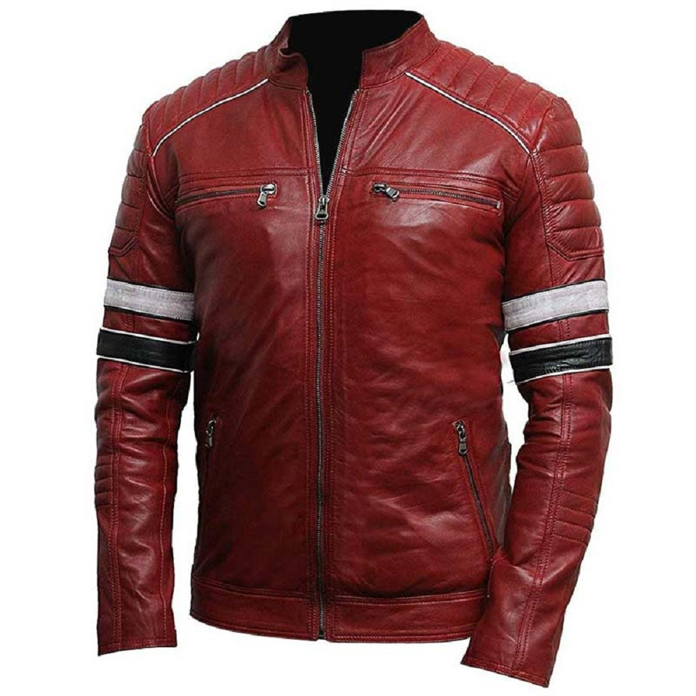 Retro Style Cafe Racer Genuine Leather Jacket Red Feather Skin