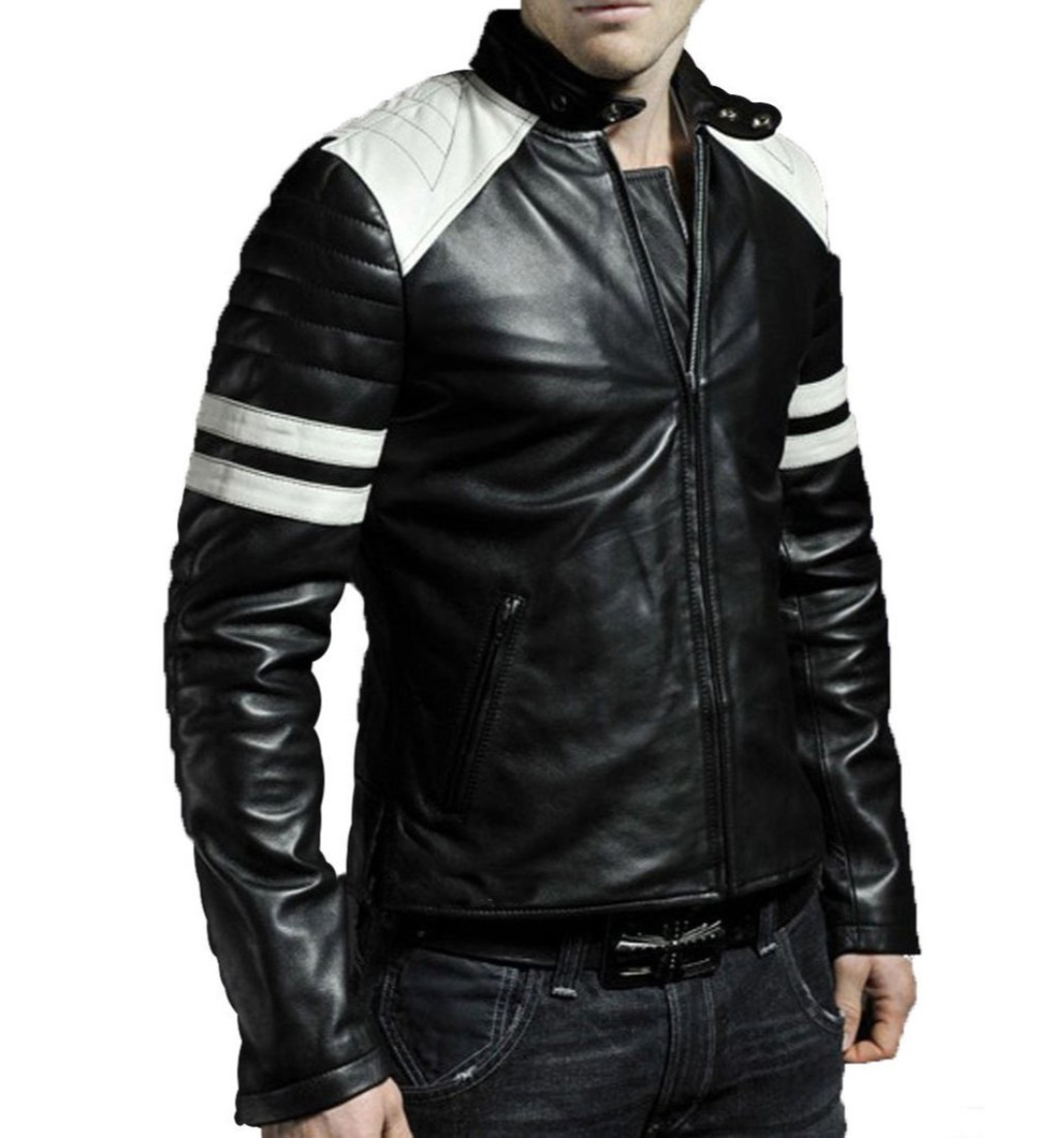 Men's Biker Leather Jacket White Stripes on Sleeves | Feather Skin