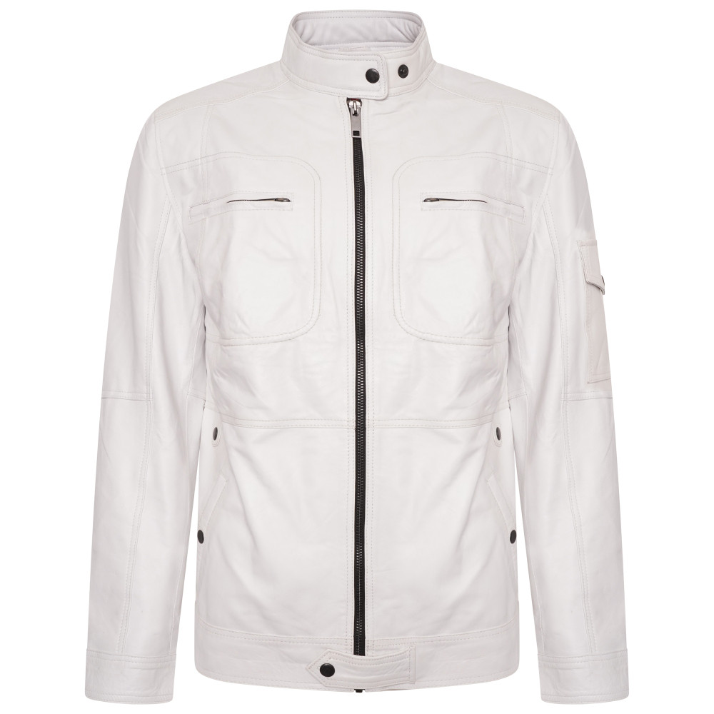 Men's Biker White Leather Jacket Feather Skin - Main Image