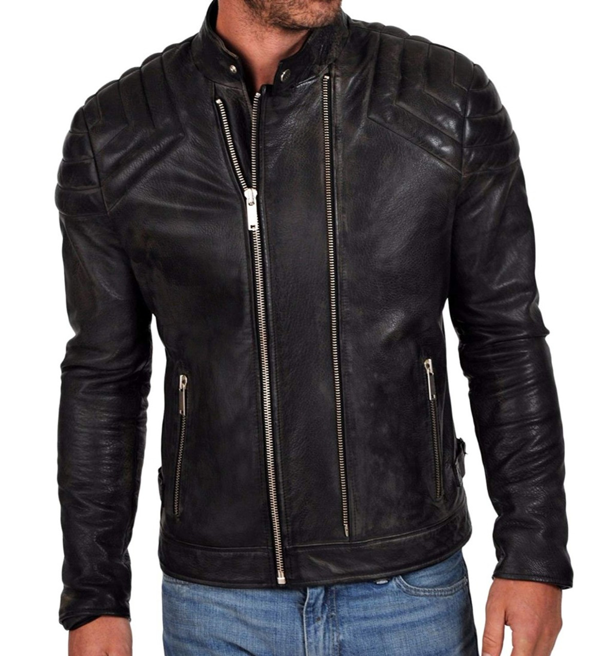 Men's Biker Style Motorbike Genuine Leather Jacket BK032 | Feather Skin