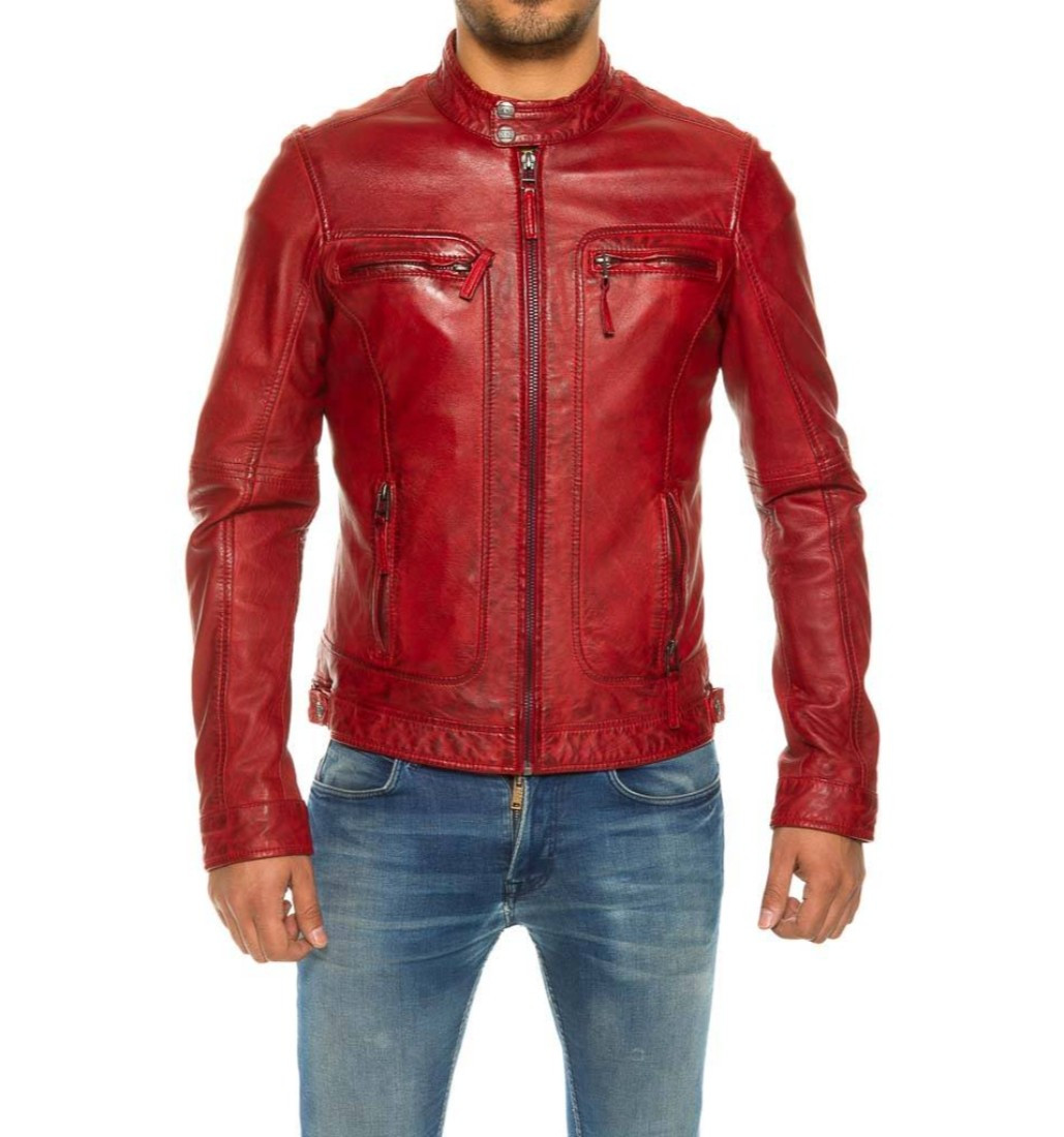 Men's Biker Leather Jacket Red Waxed | Feather Skin (1197 x 1280 Pixel)