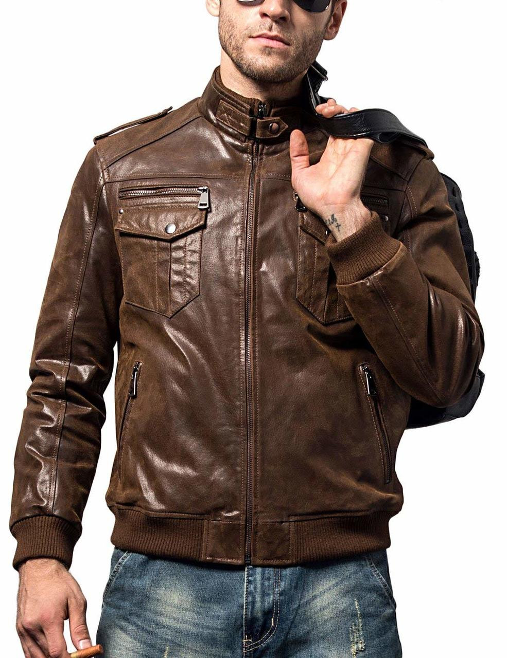 Buy t-base Brown Faux Leather Bomber Jacket for Men Online India