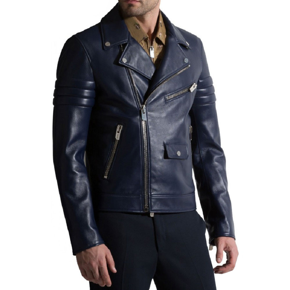 Men's Biker Style Motorbike Genuine Leather Jacket Navy Blue BK051