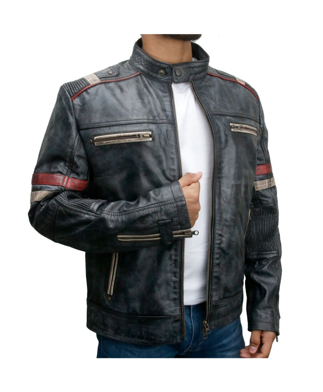 Men's Biker Style Distressed Genuine Leather Jacket Black | Feather Skin