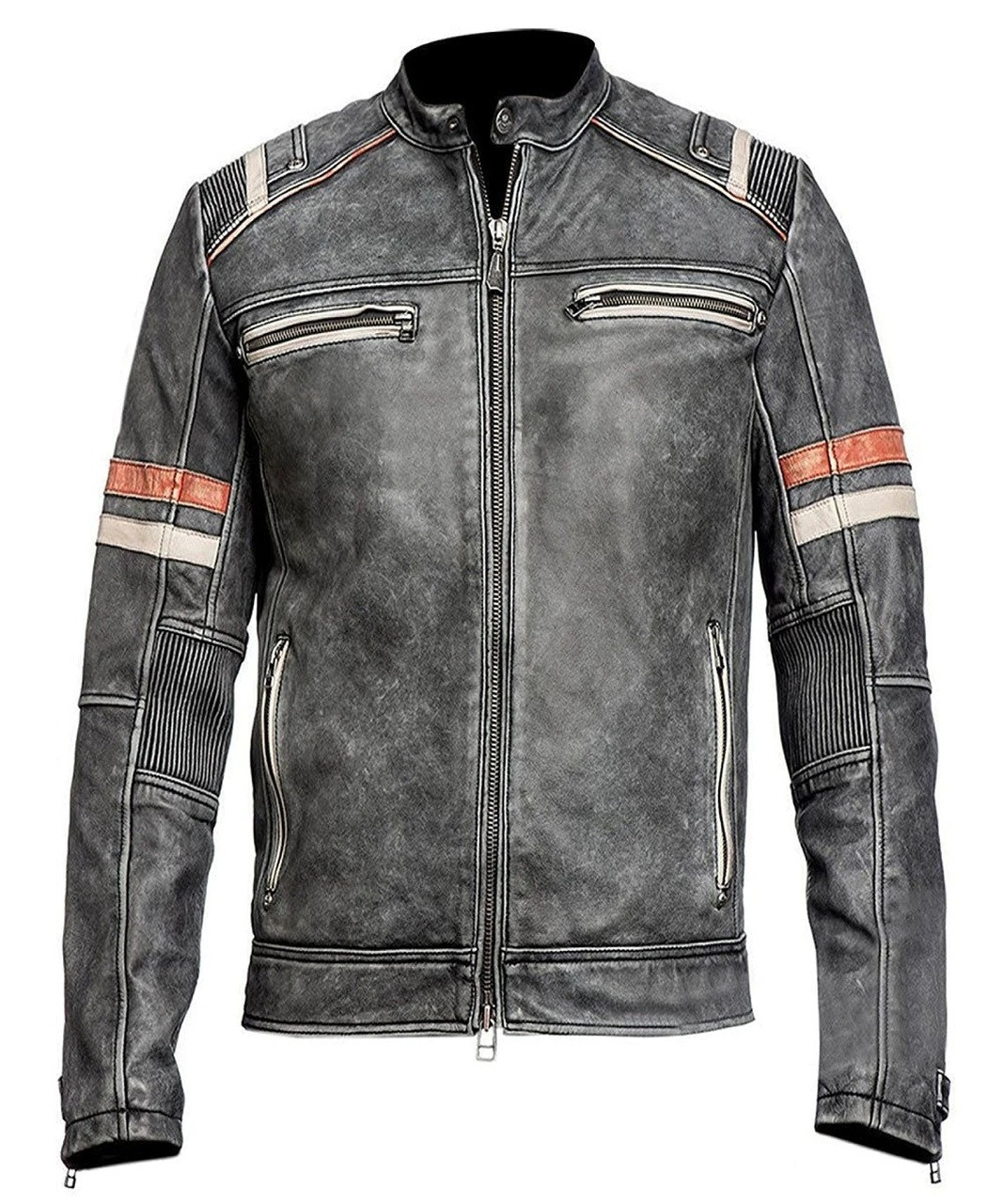 Men's Biker Style Distressed Genuine Leather Jacket Black