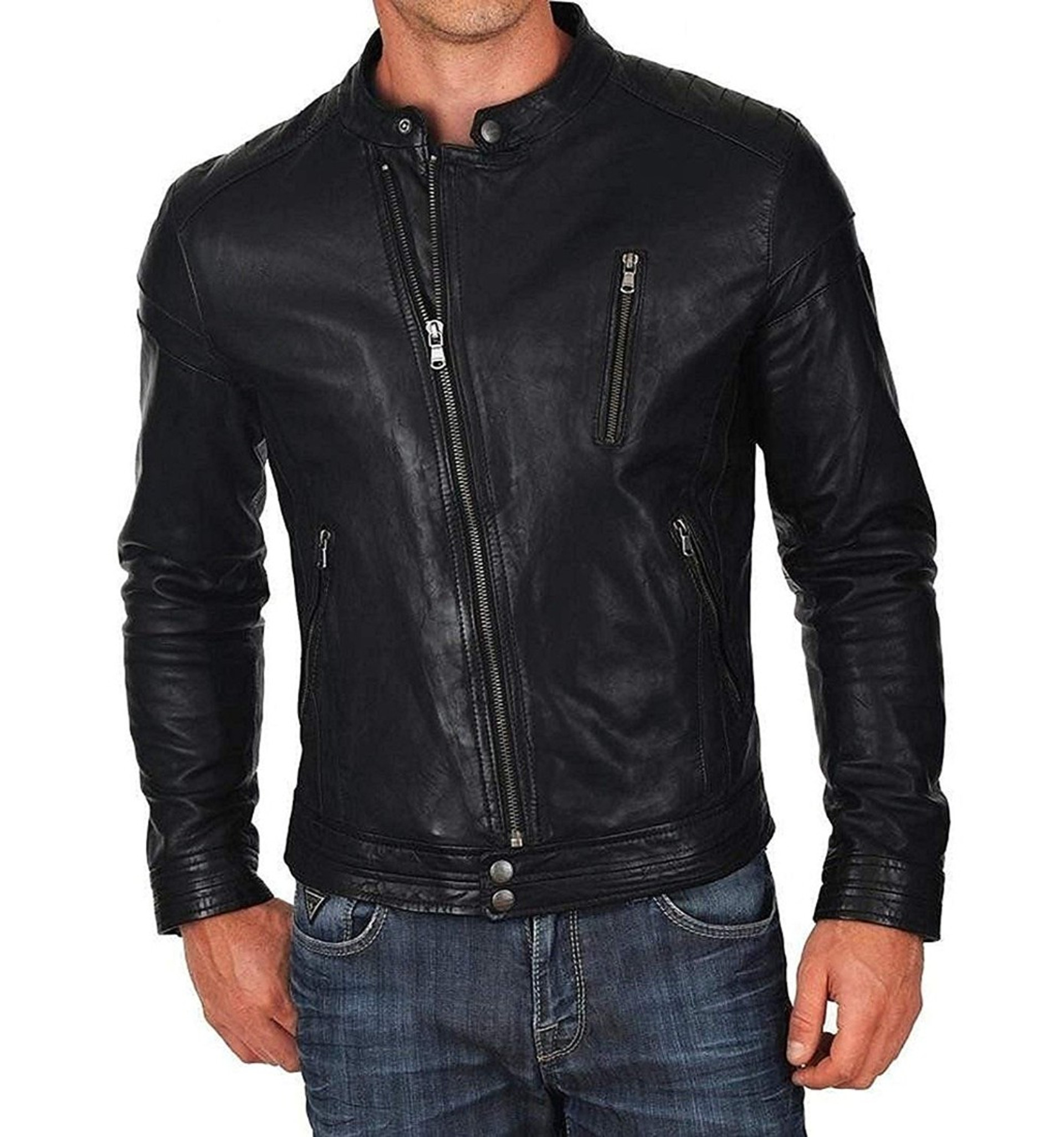 Men's Biker Style Motorbike Genuine Leather Jacket BK040 | Feather Skin