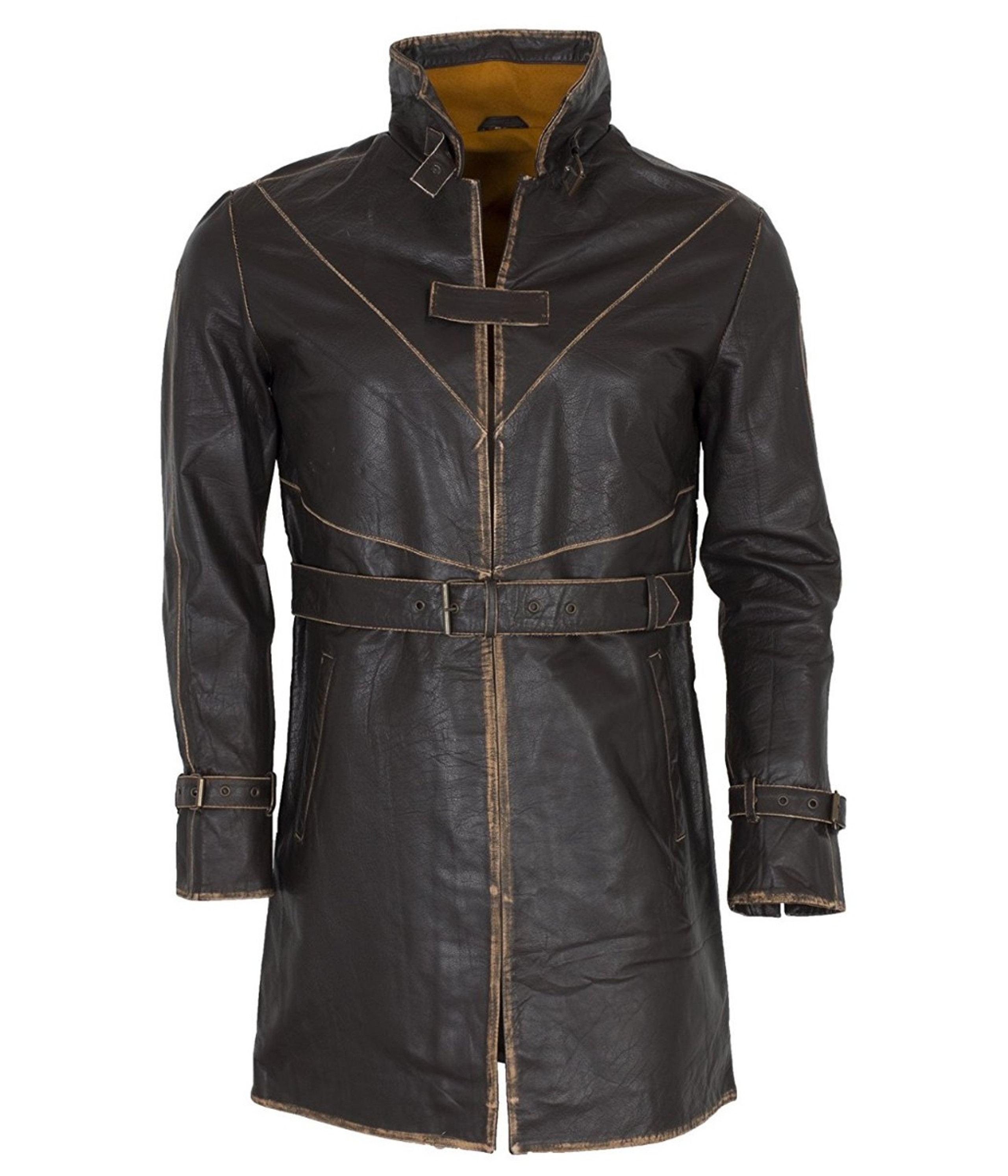 Distressed Brown Genuine Leather Trench Coat | Feather Skin