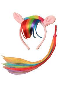 Assorted Pony ears aliceband with rainbow fur trim and imitation hair fringe Matching tail (Pack of 4)