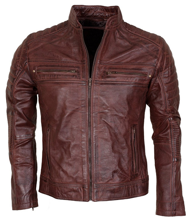 Cafe Racer Brown Waxed Vintage Look Biker Leather Jacket | Feather Skin