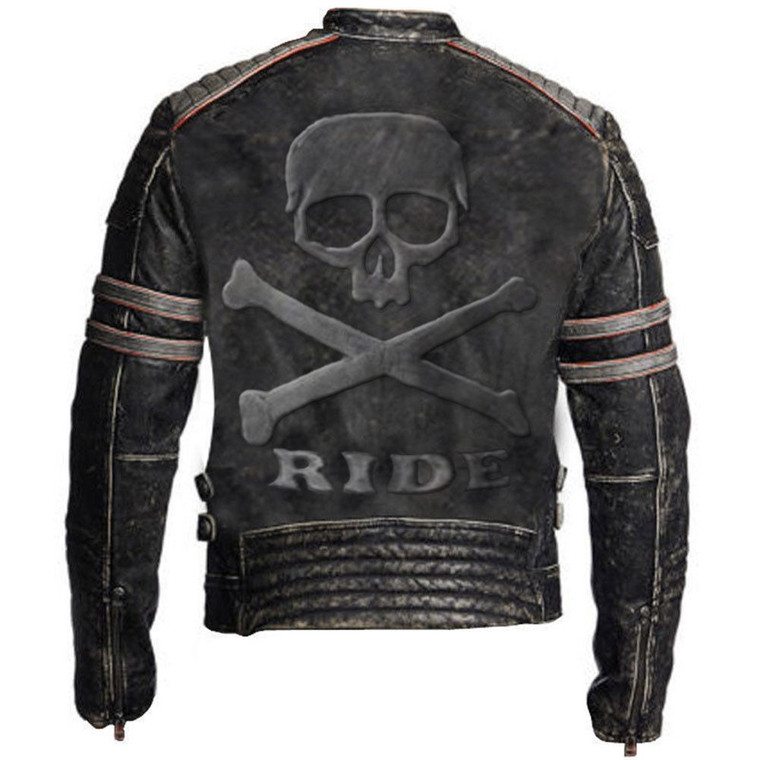 Biker Vintage Distressed Genuine Leather Jacket Skull Embossed Logo at back