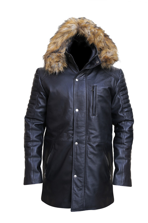 Men's Leather Parka Jacket Black front