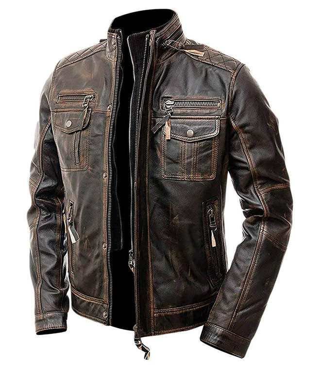 Cafe Racer Distressed Biker Leather Jacket Brown  1