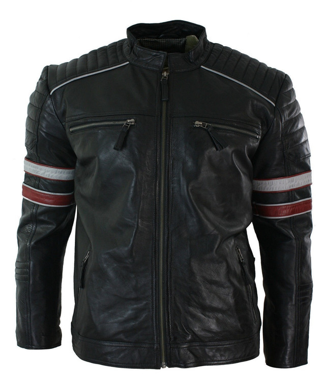 CLEARANCE: Cafe Racer Black Leather Jacket with Red and White Stripes front