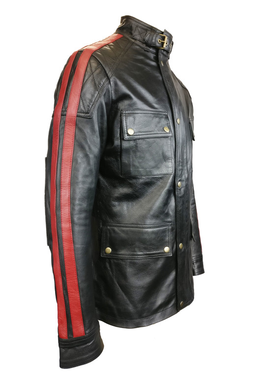 CLEARANCE: Daytona 4 Pocket Black Leather Jacket Red Stripe