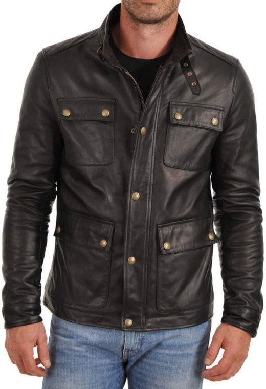 Men's Biker Style Motorbike Black Leather Jacket BK004 Front