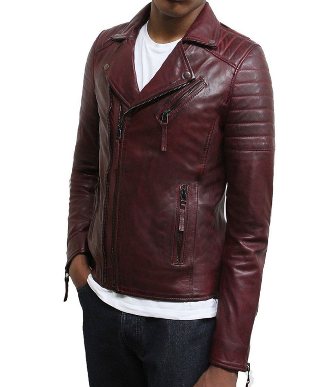 CLEARANCE: Men's Biker Style Motorbike Maroon Genuine Leather Jacket BK001 Side