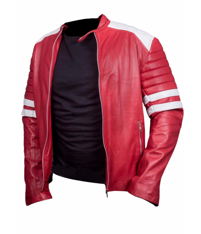 Fight Club Mayhem Leather Jacket Red & White | Feather Skin