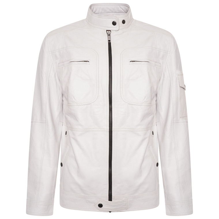 Men's Biker White Leather Jacket front