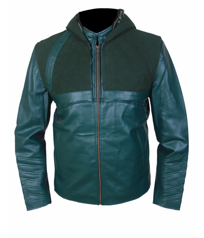 Arrow Green Leather Jacket With Removable Hood 1