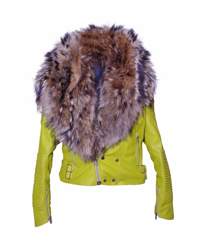 Women's Sheepskin Leather Jacket Lime Color with Genuine Fox Fur 1