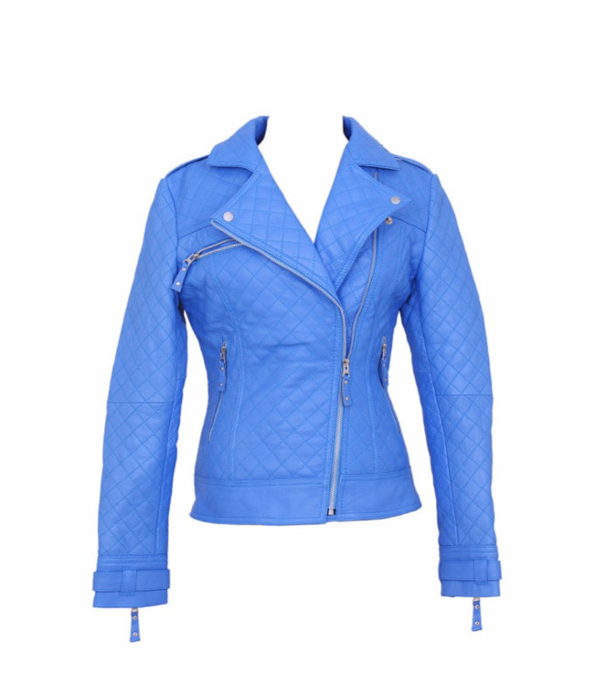 Women's Perfecto Quilted Blue Genuine Leather Jacket 1