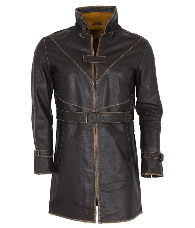 Distressed Brown Genuine Leather Trench Coat