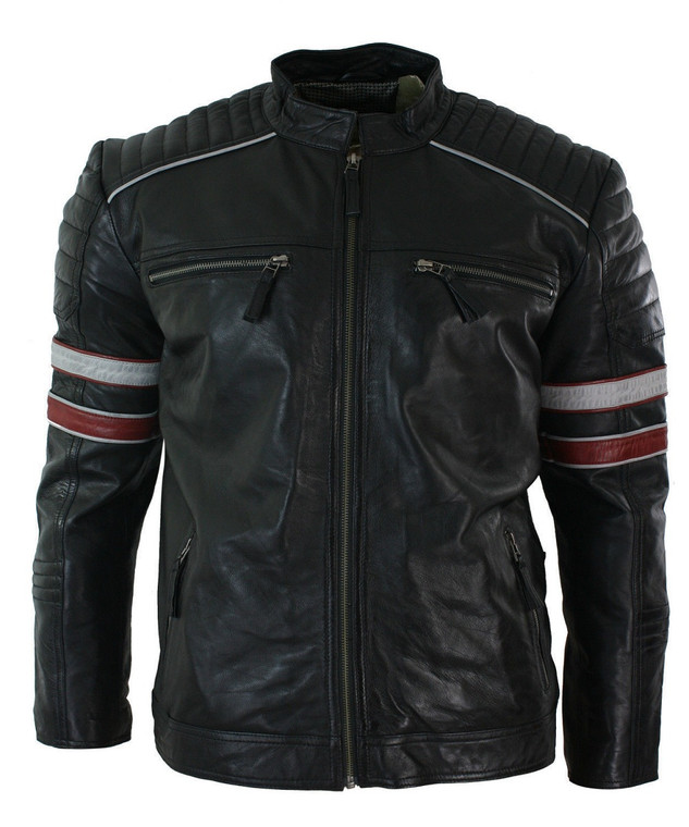 Cafe Racer Black Leather Jacket with Red and White Stripes | Feather Skin