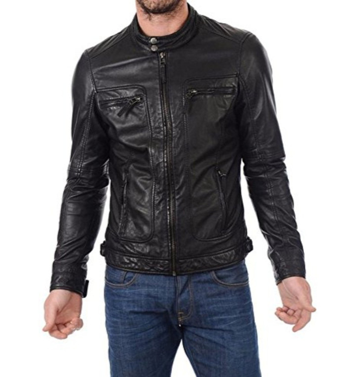 Men's Biker Slim Fit Genuine Leather Jacket Black