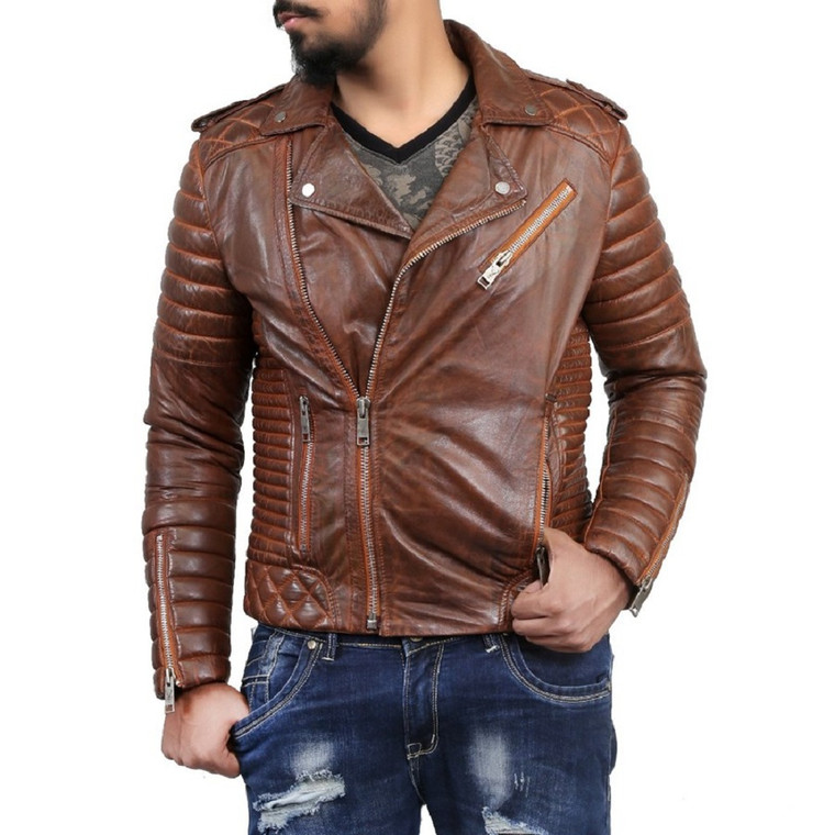 Men's Fashion Genuine Leather Jacket Brown FSH128